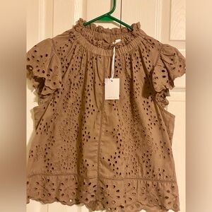 Women’s Eyelet Ruffle Sleeve Blouse in Brown